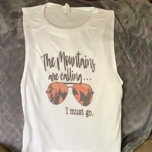 White Graphic Tank Top with Mountain Print